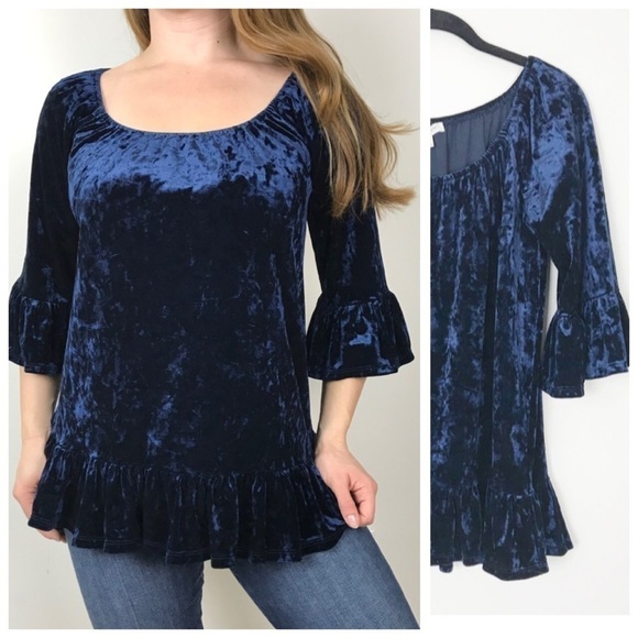 BEACHLUNCHLOUNGE Blue Crushed Velvet Peplum Blouse Fall Winter Holiday Career M - Picture 1 of 7